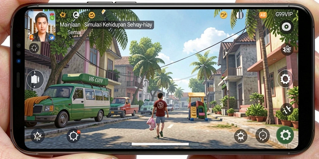 Tampilan gameplay G9VIP dengan aktivitas simulasi kehidupan.