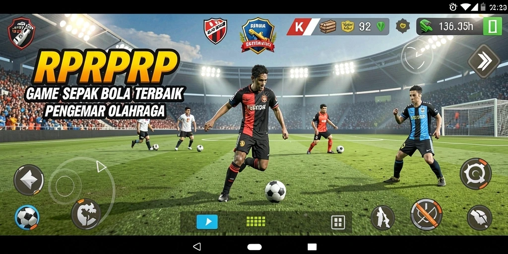 Tangkapan layar gameplay RPRPRP yang menampilkan aksi seru di lapangan sepak bola.